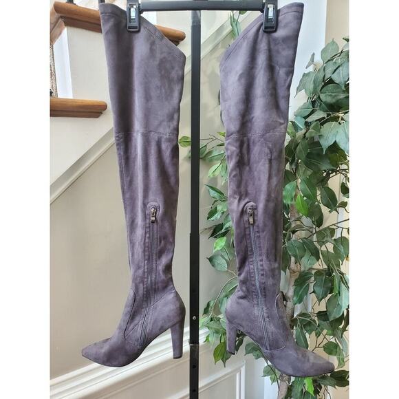 Gray Women's Suede Leather Pointed Toe Block Heel Knee High Boots Size 41 (9.5) - Picture 1 of 12